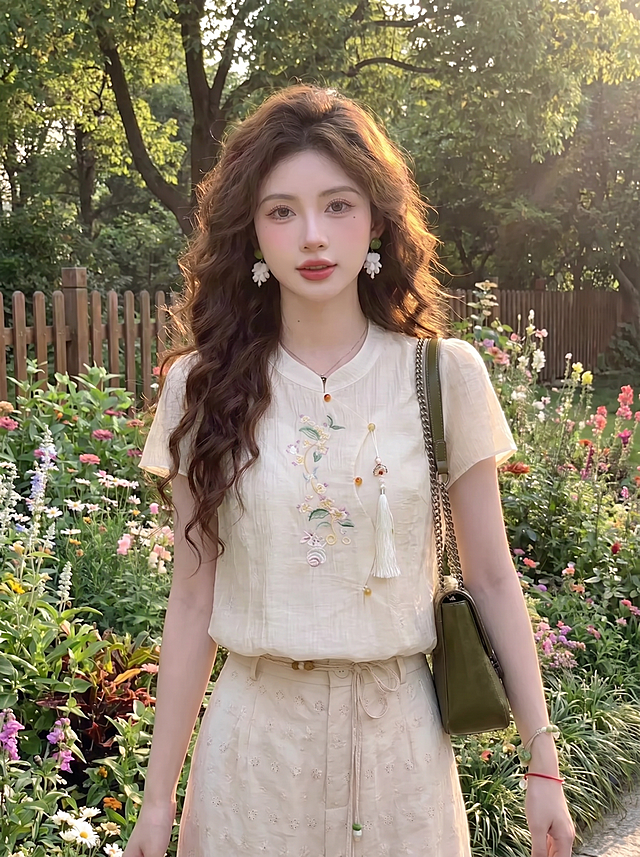 将图1的米白色刺绣短袖上衣，保留衣服所有细节和刺绣图案，替换到图2中人物身上，只换衣服，保留图2的人物、发型、五官、配饰、背景花园环境，全部保持不变