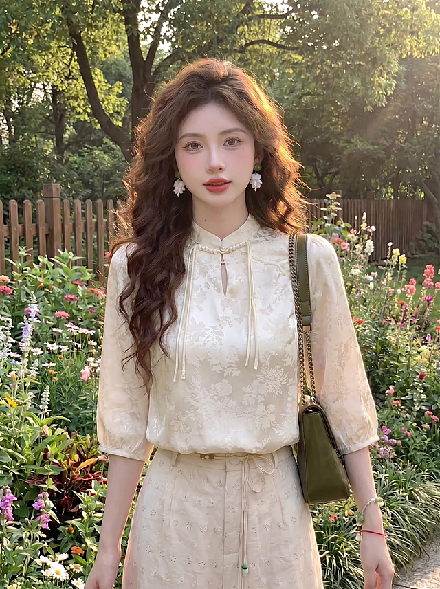 将图1的米白色提花新中式立领中袖上衣，保留衣服所有提花纹理和版型细节，替换到图2中人物身上，只更换上衣，保留图2的人物、发型、五官、配饰、下装、背景花园环境，全部保持不变，8K高清