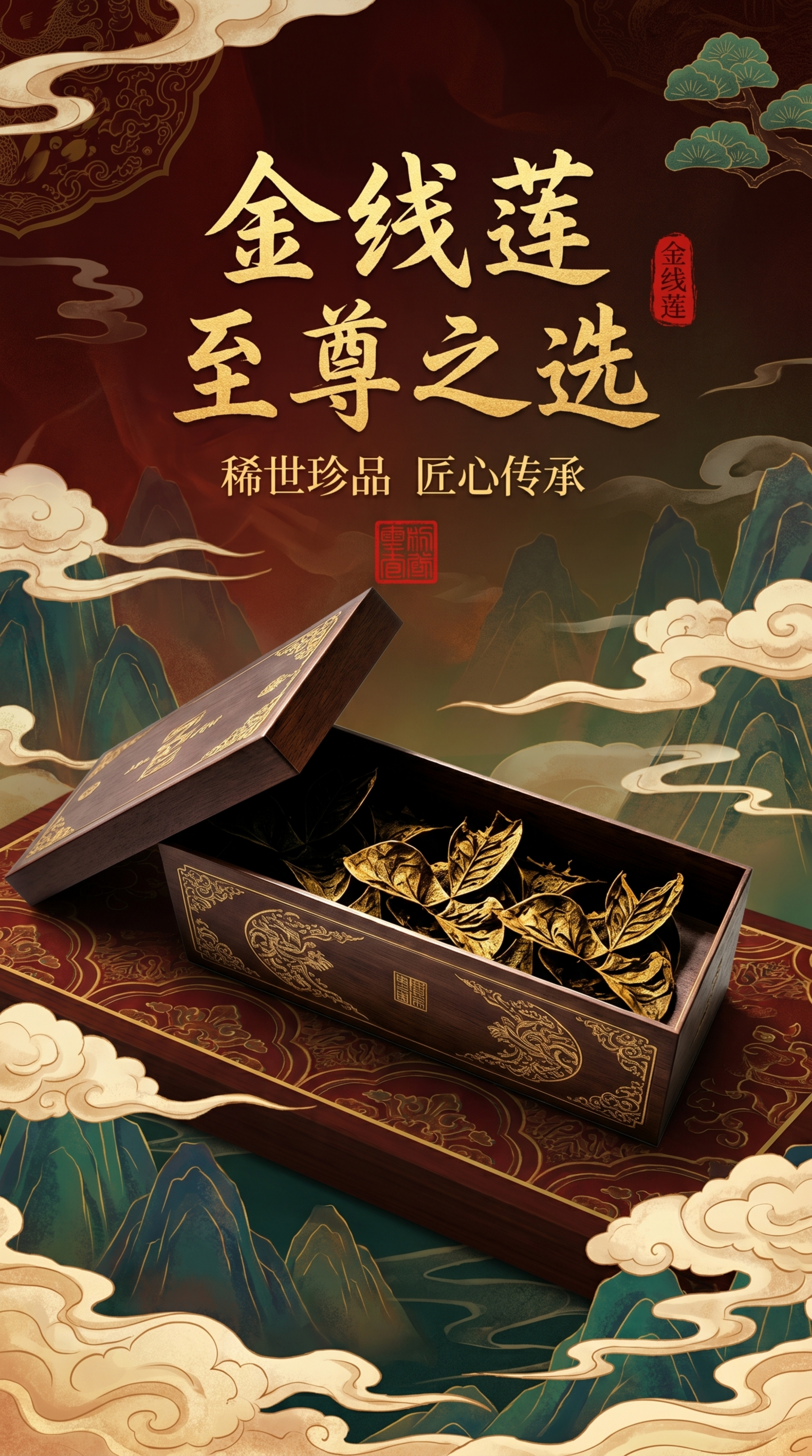 根据这张金线莲茶叶木盒图片，生成一张高端茶叶广告海报，整体风格… - 图片创意预览