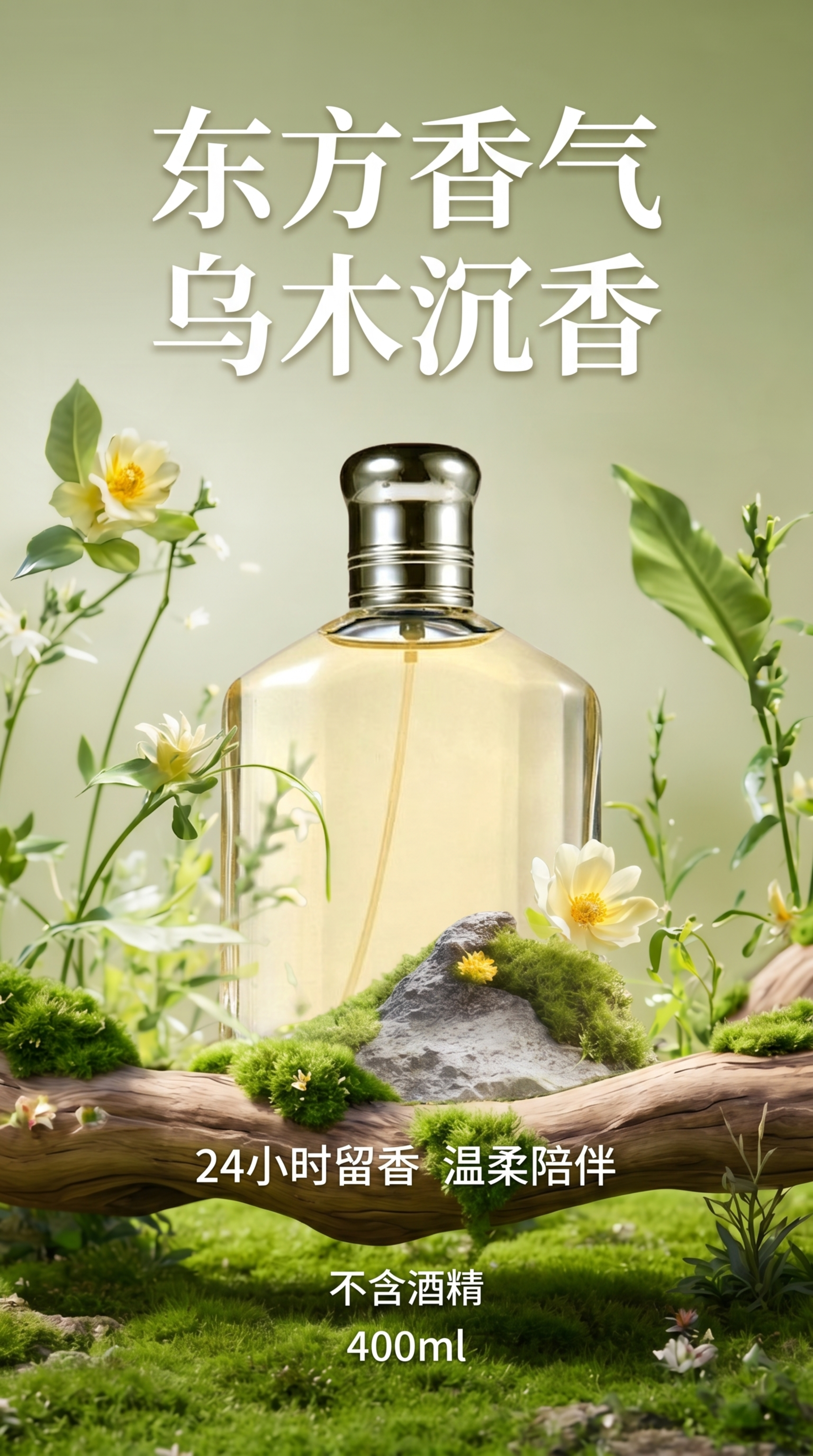 参照参考图的排版布局，将香水瓶主体放到自然花艺场景内，保持香水… - 图片创意预览