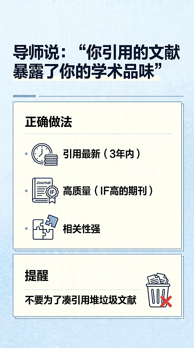 参考提供的图片排版风格，制作研究生论文辅导知识科普图文，内容如下：大标题：导师说：“你引用的文献暴露了你的学术品味”，正文要点：正确做法是 引用最新（3年内）+ 高质量（IF高的期刊）+ 相关性强，提醒：不要为了凑引用堆垃圾文献。要求排版精致简约，浅蓝色系背景，画面有质感，所有文字清晰可辨认，逻辑清晰，无任何水印，图标风格和参考图保持一致