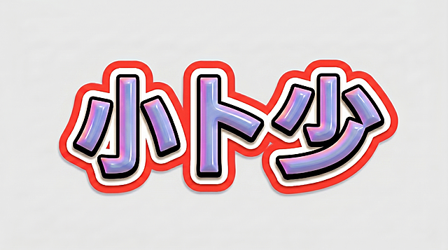 参考图风格，3D立体艺术字，横向单行排列，文字为“小卜少”，字体为粗厚黑体，笔画圆润饱满，带黑色外描边，蓝紫粉渐变光泽金属质感，带有白色衬底，外圈轮廓改为红色，整体为贴纸样式，背景干净灰色，文字整体必须完整呈现在画面内不可被裁切，四周留有安全边距，画面中只能出现“小卜少”三个字，颜色和风格与参考图主体保持一致，仅修改外圈边框颜色为红色，不得增加、遗漏或替换文字