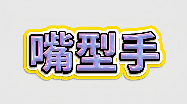 参考图风格，3D立体艺术字，横向单行排列，文字为“掌型手”，字体为粗厚黑体，笔画圆润饱满，带黑色外描边，蓝紫粉渐变光泽金属质感，带有白色衬底，外圈轮廓为黄色，整体为贴纸样式，背景干净灰色，文字整体必须完整呈现在画面内不可被裁切，四周留有安全边距，画面中只能出现“掌型手”三个字，颜色和风格与参考图主体保持一致，外圈边框颜色为黄色，不得增加、遗漏或替换文字