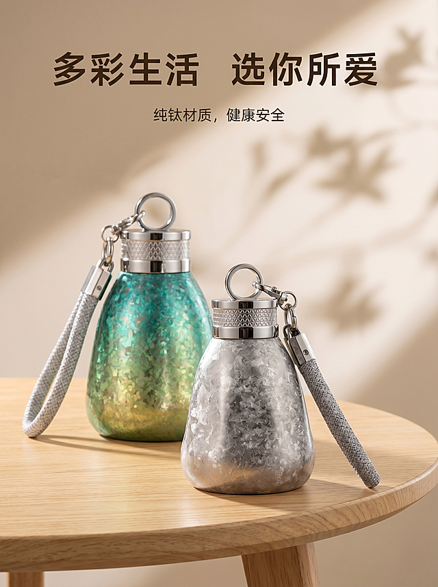 展示两款不同颜色纯钛小胖杯，冰花结晶银色款和绿渐变结晶款，均为不锈钢壶盖配灰色编织挂绳。保持两个杯子各自物理结构绝对不变，严禁扭曲形态、改变颜色和材质。
简约原木浅桌面展示，浅暖米色背景，顶部保留标题文字 "多彩生活 选你所爱"，副标题 "纯钛材质，健康安全"，遵循参考图版式构图。
柔和漫射侧窗光，产品受光面泛起米暖色，暗部及边缘映射浅原木色光晕，绝对禁止纯白高光，彻底物理融合，画面明亮干净低对比度。
树影斑驳光影落在背景墙面，自然清新，两个杯子分层次错落摆放，一大一小，主副分明。
参考参考图结构相似度80%，保持简约北欧风，保留文字排版区域，微调背景树影位置，重构背景纹理。
严格锁定宽高比为3:4，商业电商种草图，干净简约风格，4K分辨率。