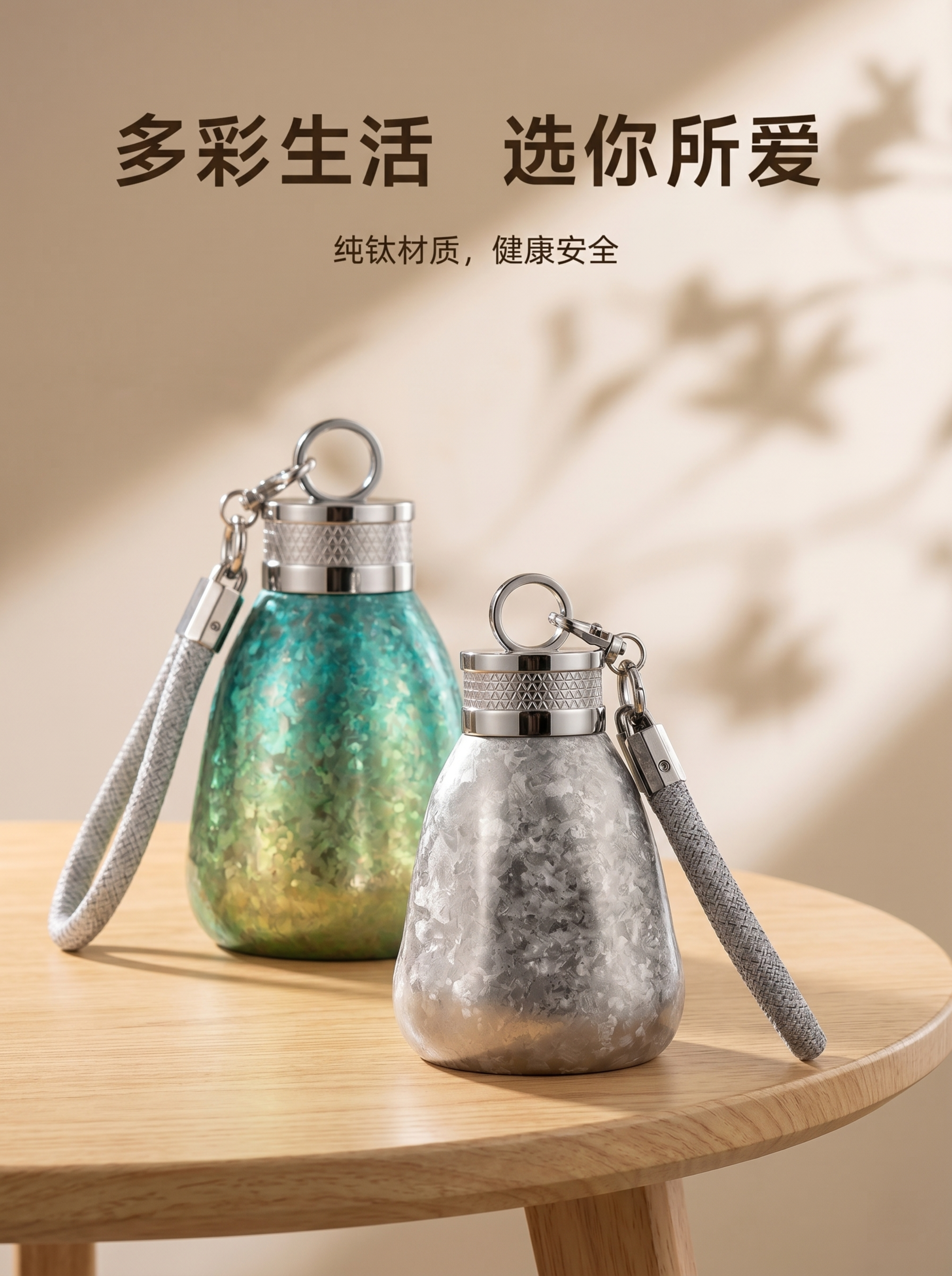 展示两款不同颜色纯钛小胖杯，冰花结晶银色款和绿渐变结晶款，均为… - 图片创意预览