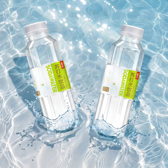 将图2背景中的水面保留，把图1（参考图）中的两瓶纯净水放入到水面上，呈现出融入水面激起水花的效果。
保持产品外观和文字信息完整，严格保持产品真实结构和比例，避免挤压变形。产品与水面自然融合，保留原有水预览效果