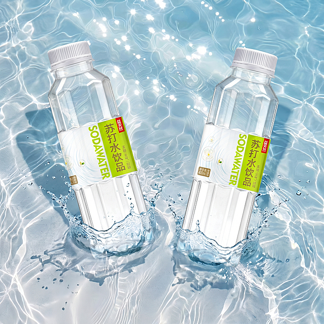 将图2背景中的水面保留，把图1（参考图）中的两瓶纯净水放入到水面上，呈现出融入水面激起水花的效果。
保持产品外观和文字信息完整，严格保持产品真实结构和比例，避免挤压变形。产品与水面自然融合，保留原有水面波光粼粼的效果，添加自然的水花溅起效果和接触阴影，边缘自然融合无白边。
严格锁定宽高比为 1:1，4K分辨率。