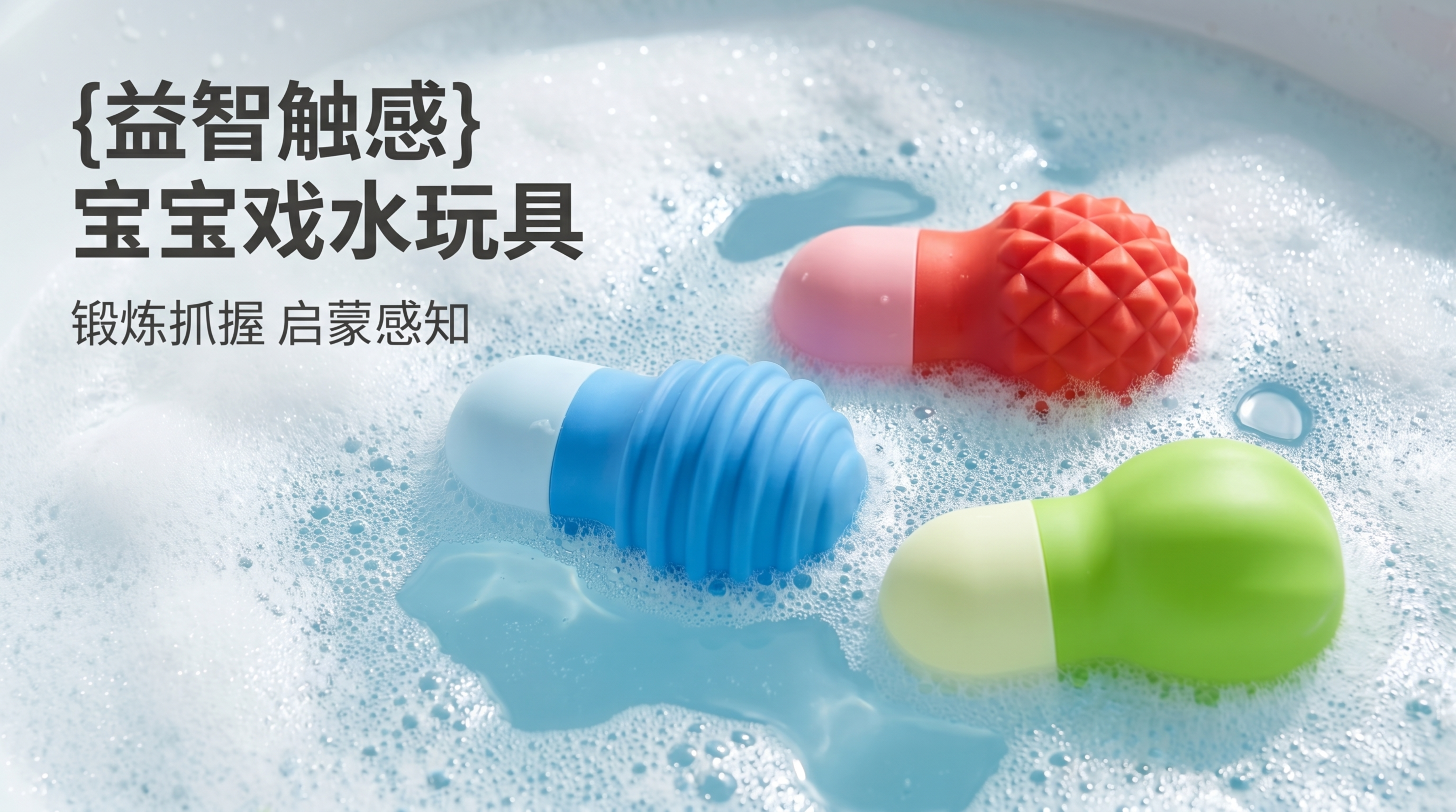 [主图 1] 儿童洗澡益智触感喷水玩具宽屏首图，三个不同颜色纹… - 图片创意预览