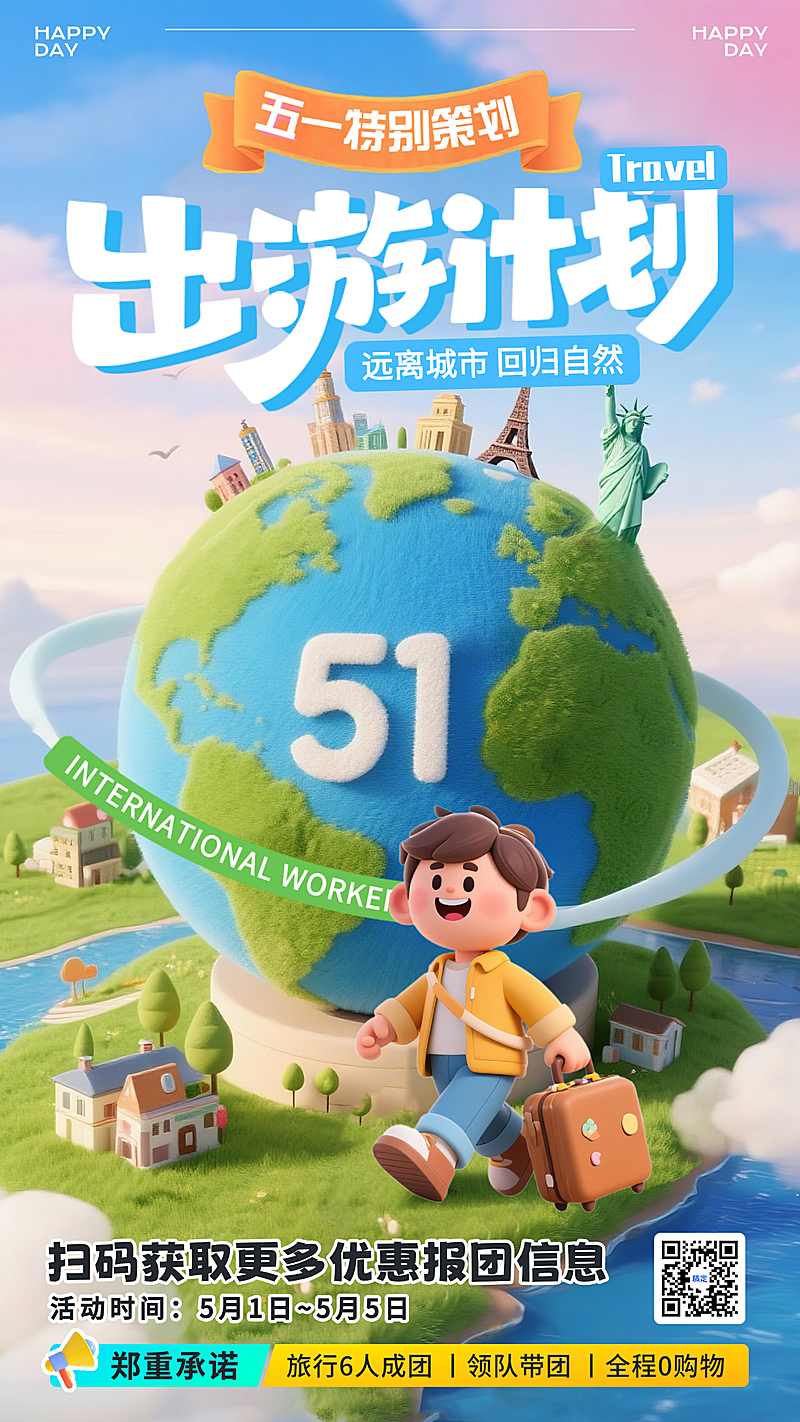 蓝色趣味3D五一劳动节出行计划春游旅行引流竖版海报