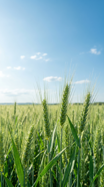 一片生机勃勃的绿色麦田，麦穗饱满挺立，麦芒纤细清晰，叶片翠绿富有光泽，采用低角度仰拍视角，前景麦穗清晰突出，中景麦田层层递进，背景天空占据画面三分之二，营造开阔纵深感，清晨或上午柔和的自然光从左上方斜预览效果