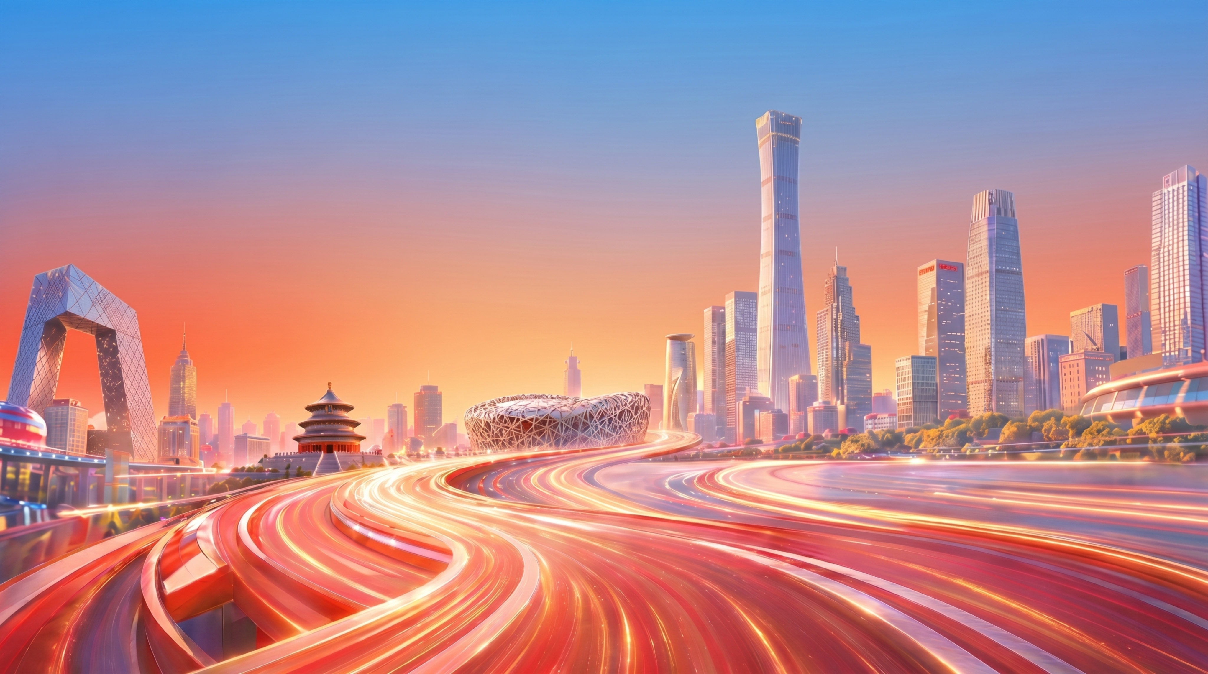 去掉图片底部的红色边框区域，保留上方城市天际线与光轨道路主体内… - 图片创意预览