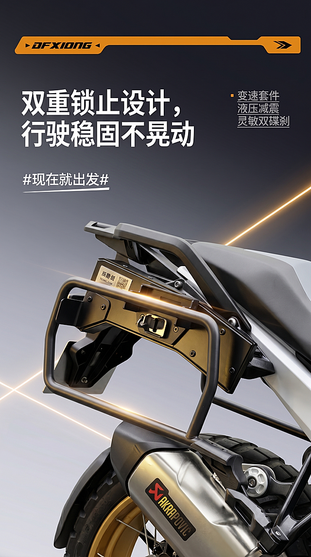 摩托车快拆行李架锁定结构展示图，展示侧面锁止卡扣，深灰渐变背景，金色光线装饰，风格参考提供的自行车详情页，高品质工业风，9:16竖版，文字:"双重锁止设计，行驶稳固不晃动"，整体版式和参考图一致