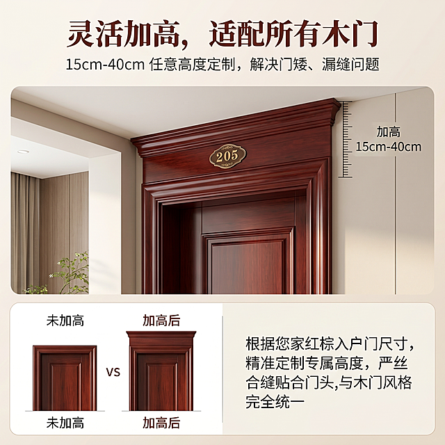 严格还原上传的产品图，包括门楣的红棕实木高光主体、立体分层线条、205门牌金属装饰等所有细节，产品外观必须与参考图完全一致，不得改变红棕配色、分层线条造型或金属门牌样式，保持产品真实的红棕实木高光质感。1:1竖版电商主图，杂志级精致排版，高级感统一视觉风格，30秒内抓住用户注意力。主体：上半部分展示门楣产品安装在入户门上方的场景图，1:1还原产品尺寸，清晰标注"加高 15cm-40cm"的尺寸标尺，直观展示加高效果，场景为现代简约入户玄关，光线明亮，凸显产品适配性。下半部分为尺寸说明区域，左侧为尺寸对比示意图（未加高 vs 加高后），右侧为文字说明，排版左右分栏，精致对称。主标题：顶部居中，加粗衬线字体，文案"灵活加高，适配所有木门"，深红木色字体。副标题：主标题下方，细体无衬线字体，文案"15cm-40cm 任意高度定制，解决门矮、漏缝问题"，深灰色字体。文字说明："根据您家红棕入户门尺寸，精准定制专属高度，严丝合缝贴合门头，与木门风格完全统一"，字体格式统一。整体色调：红棕色、深红木色、浅米色，风格统一，画面高清 8K，光影自然，排版高级，无割裂感。负面提示词：模糊、变形、改变红棕配色、改变分层线条造型、替换金属门牌样式、添加无关元素、文字排版混乱、标尺标注错误、场景违和、低分辨率、光影杂乱、风格割裂、非 1:1 比例、产品比例失调、丢失实木质感