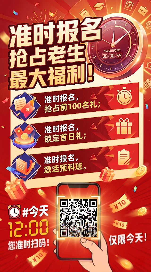 修改海报，将中间的主标题"准时报名"字号放大，使其更加醒目突出，其余内容和整体风格保持不变