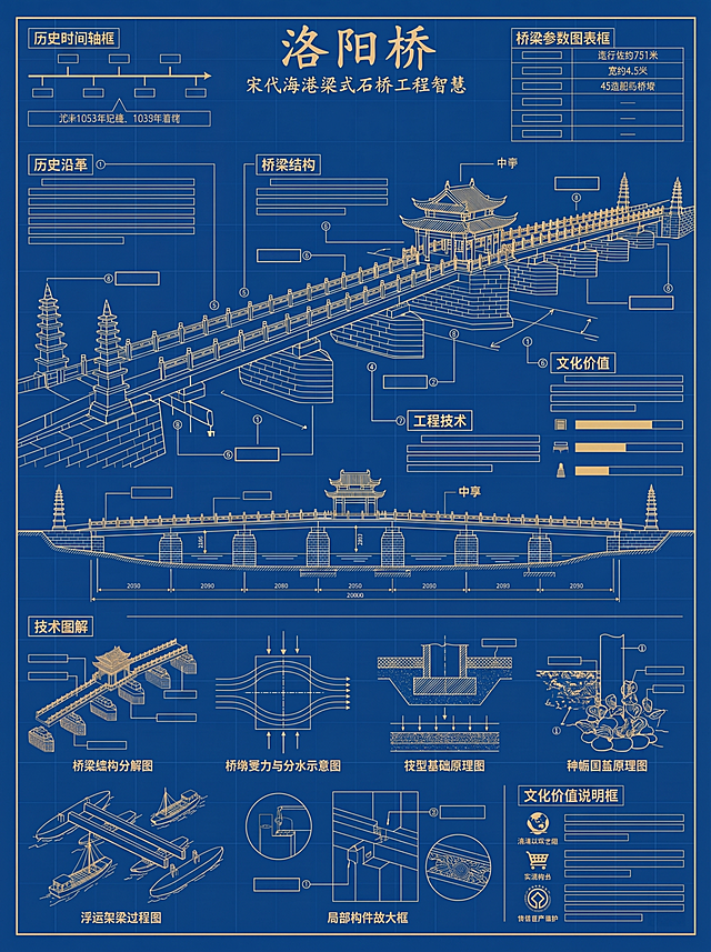 修改洛阳桥学术信息展板，将所有白色文本框改为深蓝色工程蓝图背景，与整体背景保持一致，仅保留金色边框和占位线，移除白色填充，保留所有原有结构不变：保留原有的主标题洛阳桥、副标题宋代海港梁式石桥工程智慧和所有模块标题文字，正文区域用与背景同色的深蓝色填充，仅保留金色边框作为占位框，方便用户后期自己填充文本，保持3:4竖版、深蓝色工程蓝图背景、金色精细线稿的风格不变，不要改变原有结构排版，不要生成额外文字，不要乱码。
