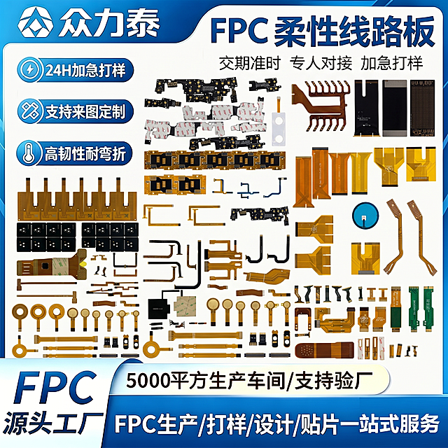 参考图模板为一张FPC柔性线路板电商主图，使用蓝色和白色配色，左上角有品牌文字'众力泰'，主标题是'FPC 柔性线路板'，文案为'交期准时 专人对接 加急打样，24H加急打样，支持来图定制，高韧性耐弯折，5000平方生产车间/支持验厂，源头工厂，FPC生产/打样/设计/贴片一站式服务'。重新混搭穿插排版所有提取的线路板产品，更换排列布局，保持图片比例1:1，分辨率4K，保留原始颜色、外观和细节，产品均匀分布不重叠遮挡
