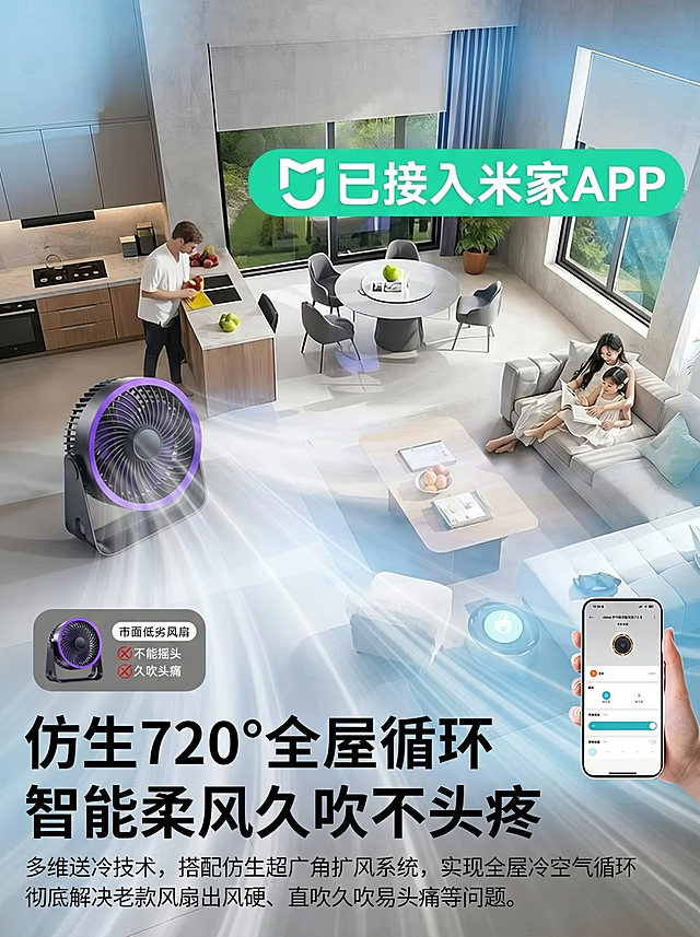 将原图中左下方展示风扇和左上角对比图里的劣质风扇，都替换成图二的新款米家墨紫风扇，保留原图所有其他内容、文字、排版和场景不变，生成3:4比例的竖版长图