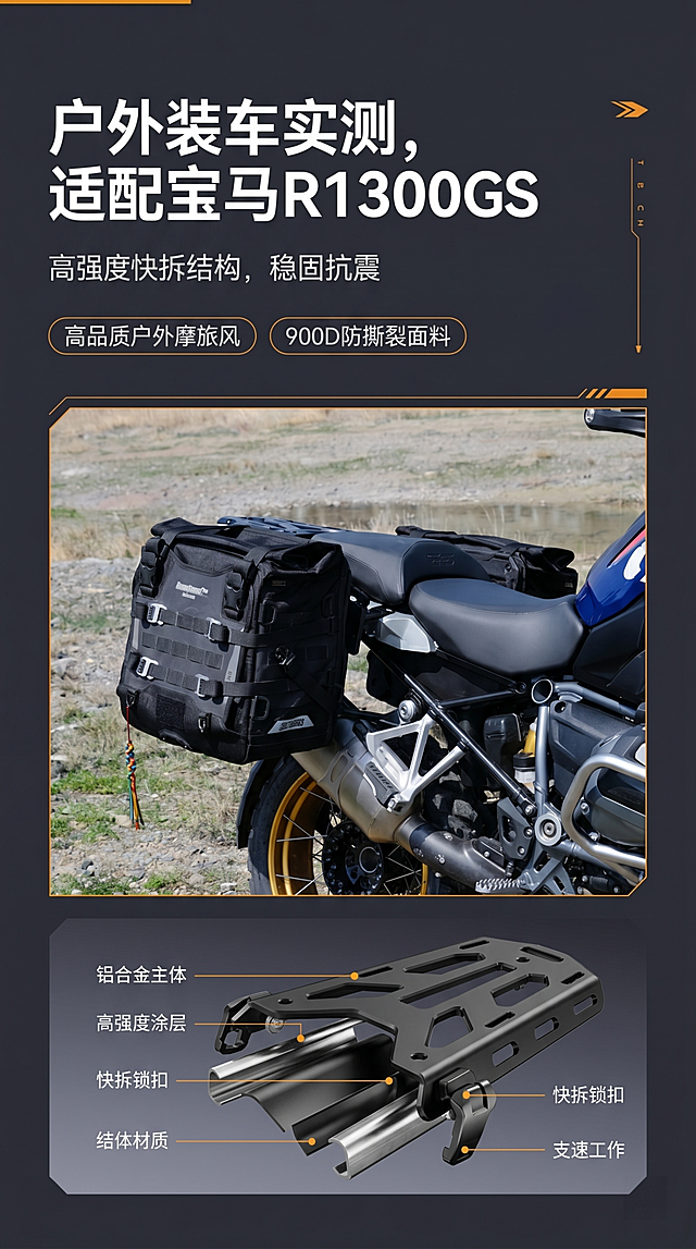 摩托车快拆行李架装车效果展示图，摩托车户外砂石路场景，保留产品结构，深灰高级排版，风格参考提供的自行车详情页，高品质户外摩旅风，9:16竖版，文字:"户外装车实测，适配宝马R1300GS"，整体版式和参考图一致