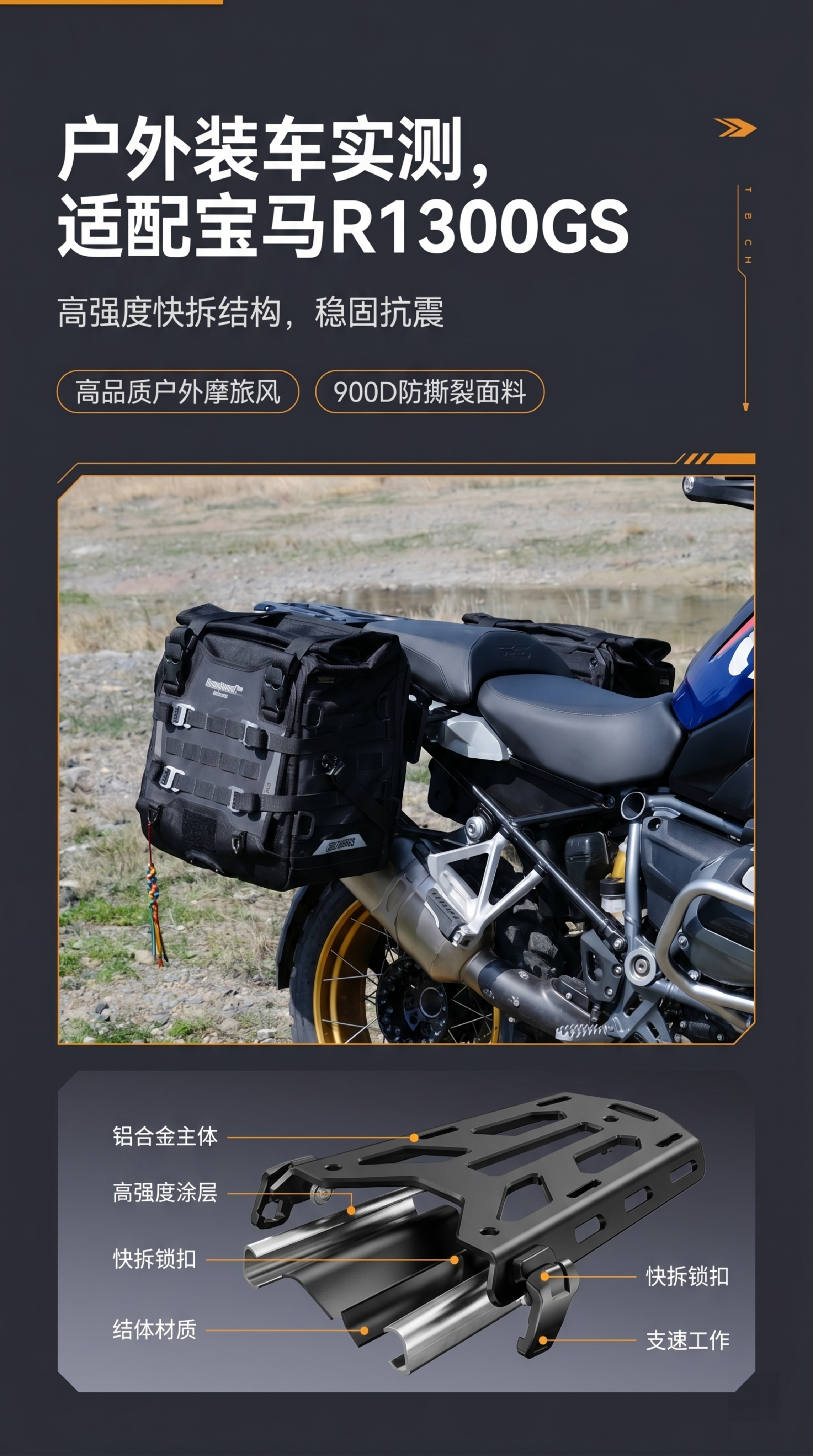 摩托车快拆行李架装车效果展示图，摩托车户外砂石路场景，保留产品… - 图片创意预览