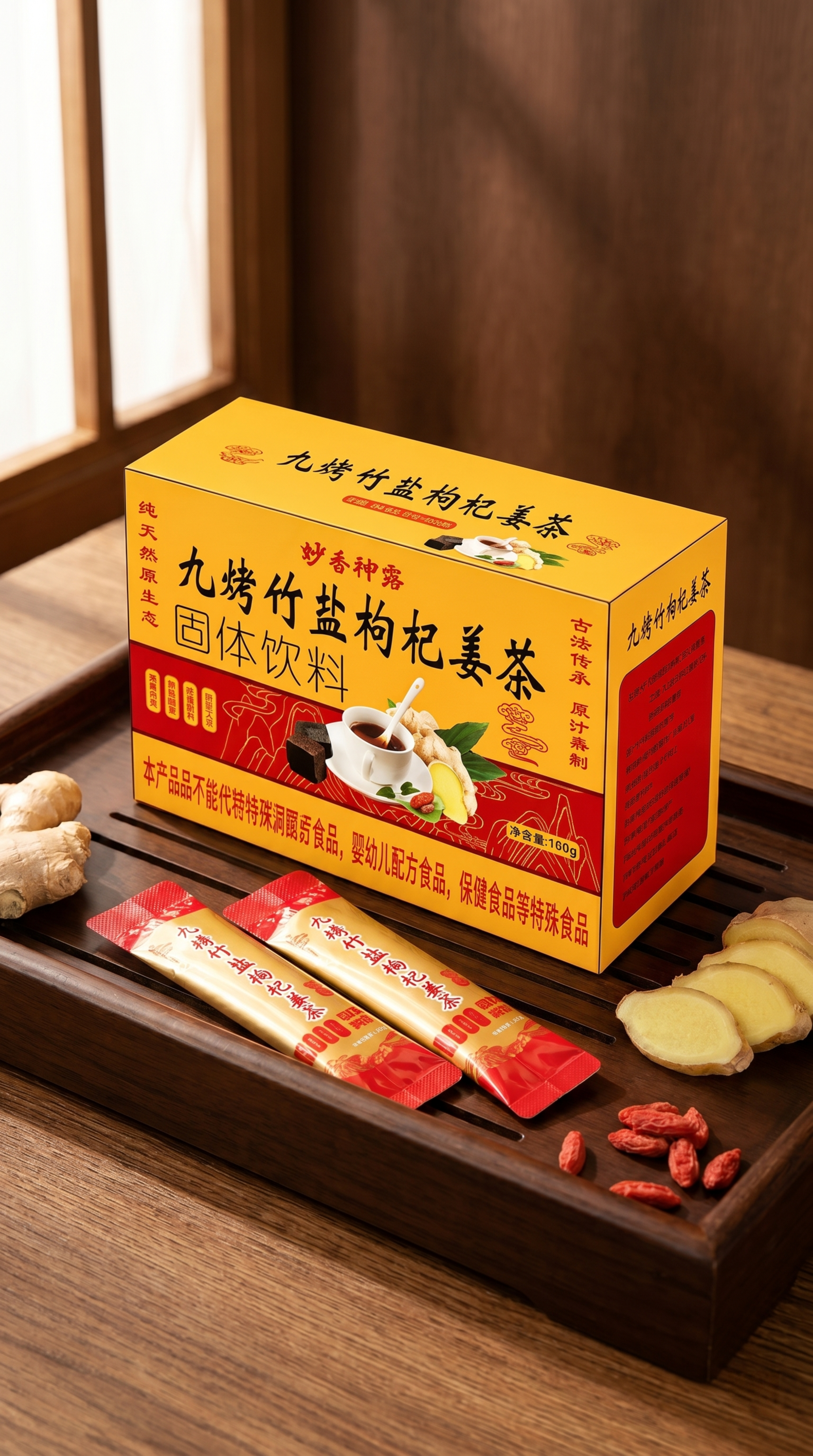 九烤竹盐枸杞姜茶包装盒加两条独立条装，保持产品原有包装设计和所… - 图片创意预览