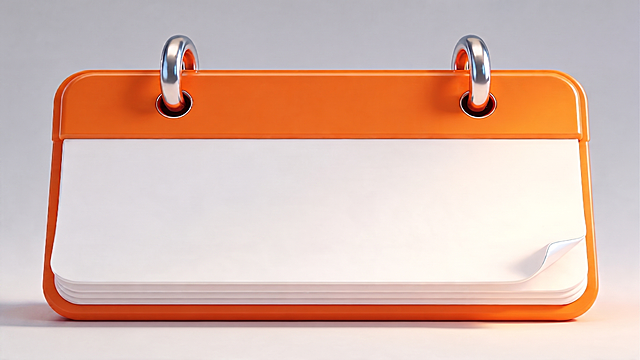 橙色塑料质感记事本，金属环扣设计，3D重拟物风格，现代商务科技感十足，简洁利落，适用于节日信息展示。