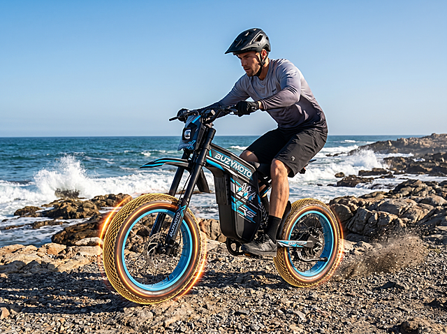 photorealistic commercial product shot, male rider wearing a black helmet, gradient gray jersey, and black shorts, riding the provided black and blue electric dirt bike (with blue wheel rims) on a rocky ocean shoreline, clear blue sky and waves in the background, fat tires with glowing golden mesh texture and orange light ring effects, dynamic riding pose, cinematic lighting, vibrant natural colors, sharp focus on the bike and rider, 8k resolution, wide aspect ratio, commercial advertisement style