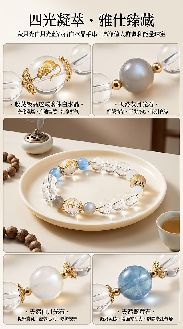 不改变原来图片的手串结构，制作商业特写级 8K 超高清海报，聚焦灰月光・白月光・蓝萤石・白水晶调和手串的细节特写，采用分镜式呈现。主视觉：手串整体置于温润的羊乳白瓷盘上，柔和暖光，凸显白水晶的高透玻璃体质感，灰月光的朦胧晕彩、白月光的皎洁清透、蓝萤石的梦幻萤光，精细串珠工艺清晰可见。分镜细节：标注文字「收藏级高透玻璃体白水晶・净化磁场・启迪智慧・汇聚财气」在白水晶特写处；「天然灰月光石・舒缓情绪・平衡身心・吸引良缘」在灰月光特写处；「天然白月光石・提升直觉・滋养心灵・守护安宁」在白月光特写处；「天然蓝萤石・激发灵感・增强专注力・辟除杂乱气场」在蓝萤石特写处。场景搭配素雅禅意香道用具、古朴文玩小件、精致茶器，营造静谧高雅氛围，风格为高端珠宝细节海报，轻奢质感，东方禅意美学，柔和高级光影，突出每一颗水晶的天然特质与精致串珠工艺。排版为极简高级分栏式，文案为书法字体结合轻奢字体，低饱和度色调配色。核心主题文案：「四光凝萃・雅仕臻藏」「灰月光白月光蓝萤石白水晶手串・高净值人群调和能量珠宝」，细节极致清晰，真实还原水晶的冰透感和天然纹理，凸显高端价值，适配高客单价。适合私域社群产品详解、种草长图以及朋友圈产品科普。
