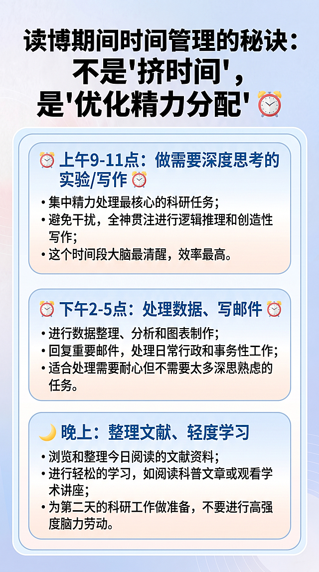 制作研究生论文辅导知识科普图文，排版精致简约，浅蓝渐变背景，画面清晰有质感，无任何水印，参考提供的参考图版式风格，主标题大字：读博期间时间管理的秘诀：不是"挤时间"，是"优化精力分配" ⏰，下方分三个时间段分块排版内容：上午9-11点：做需要深度思考的实验/写作 ⏰；下午2-5点：处理数据、写邮件 ⏰；晚上：整理文献、轻度学习，保证所有文字清晰可辨认，语言逻辑通顺，学术科普风格，简约清新