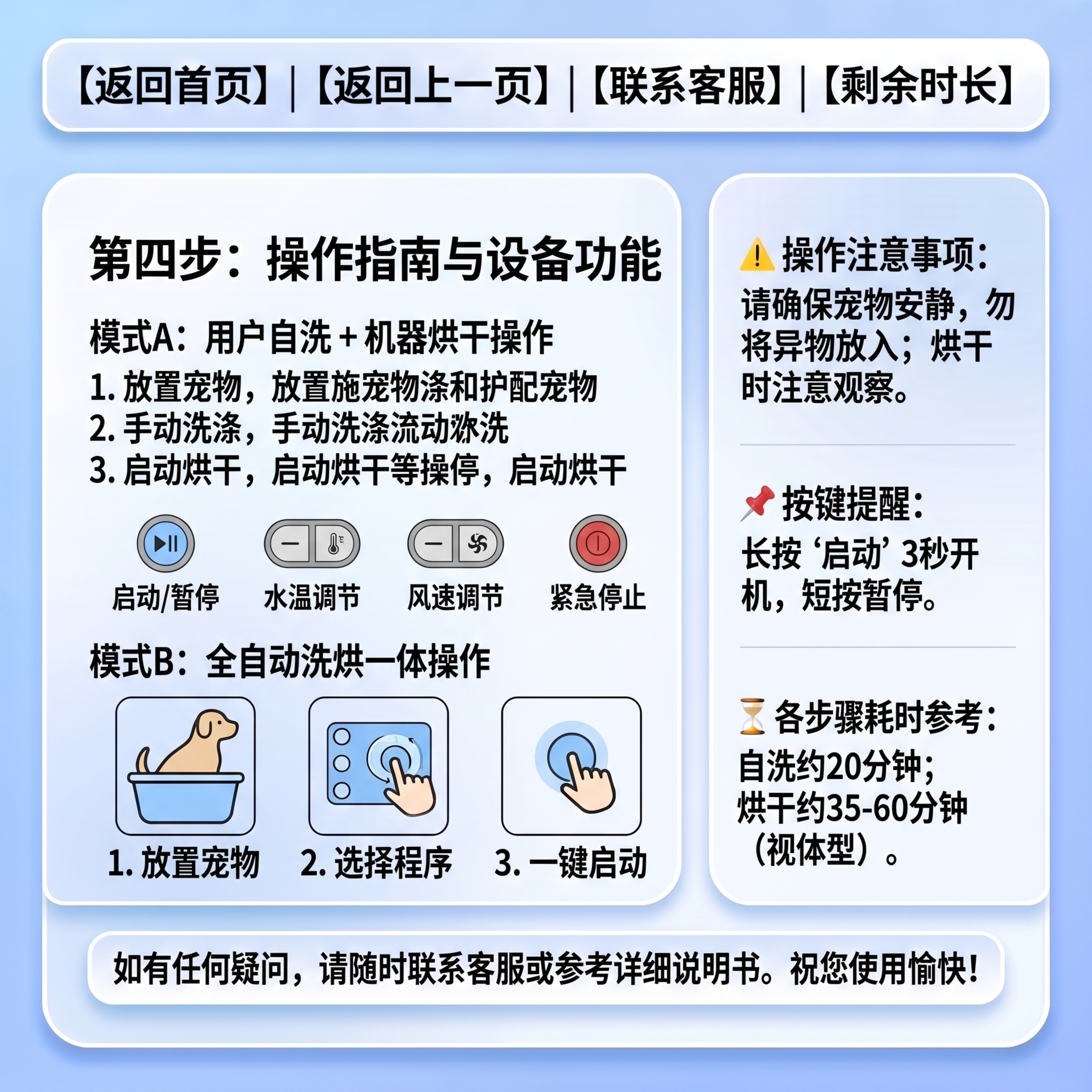 生成宠物洗烘一体机四级操作指南页，延续浅蓝色简约清新设计风格。… - 图片创意预览