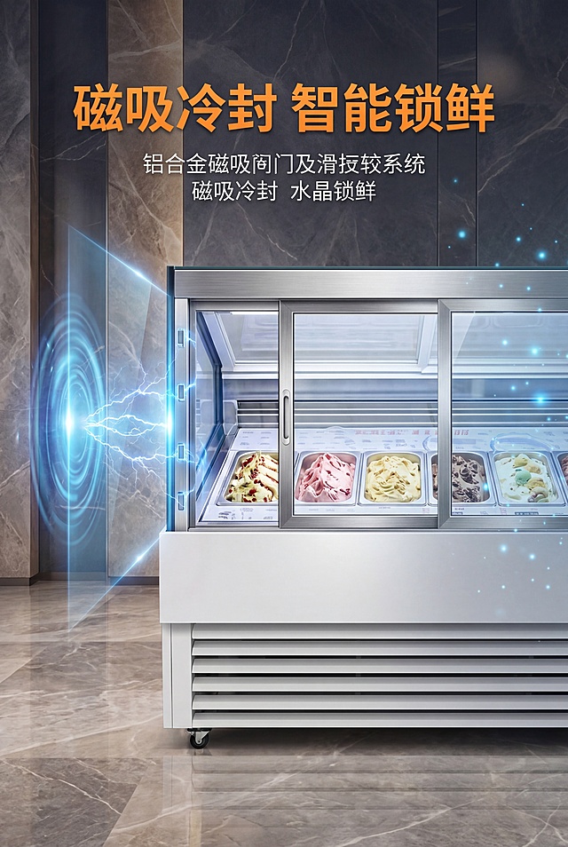 基于提供的冰淇淋展示柜产品图，生成电商详情页竖版海报，比例2:3，高级冷调工业风，商业摄影质感，8K高清超写实，重点突出铝合金磁吸门和轨道细节，还原金属细腻高光与磁吸效果。左侧添加半透明科技风蓝色光效，模拟磁力锁冷效果，带有闪电和能量波纹；右侧露出冷柜内的冰淇淋产品，画面添加轻微科技感光效点缀。背景为深灰加浅棕大理石质感高级背景，光影柔和，整体干净通透，无多余杂物。主色调为深灰+黑+白色，搭配橙色标题点缀和蓝色科技光效，营造专业、高级的商用设备质感。