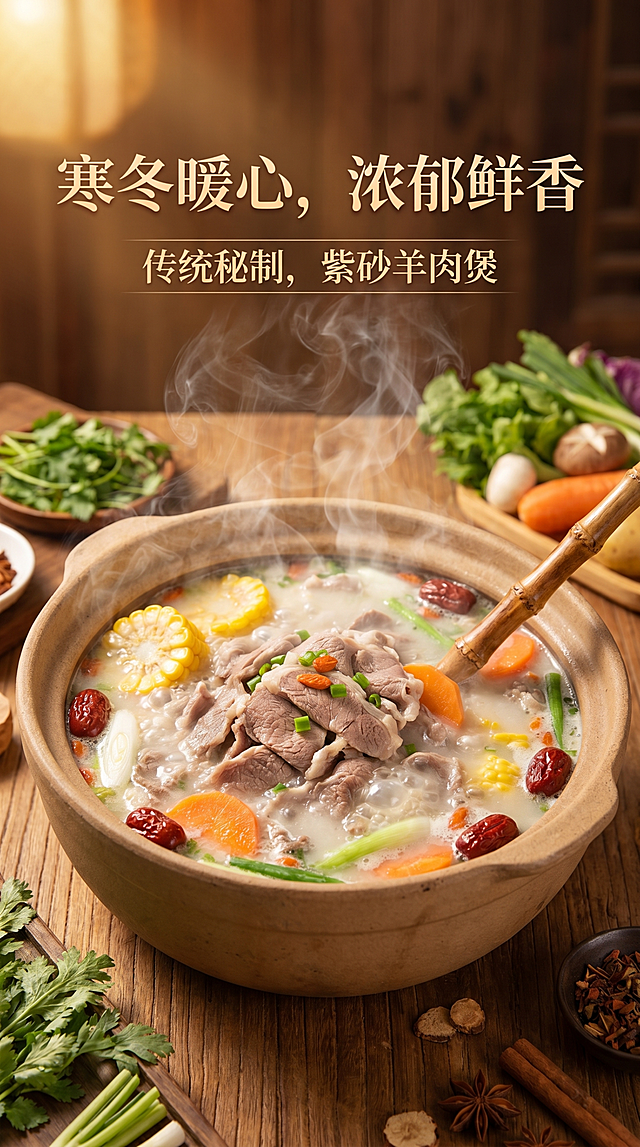 以这道热气腾腾的紫砂锅羊肉汤煲为主体，制作一张餐饮宣传海报，突出汤品浓郁鲜香、热气腾腾的温暖食欲感，整体风格温馨诱人