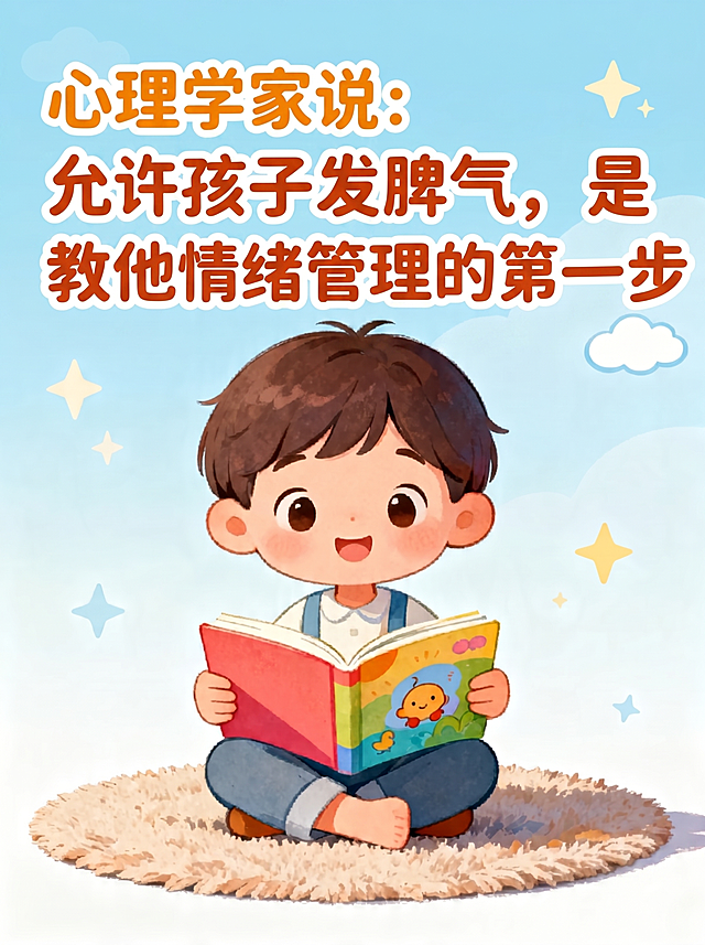 小红书封面图，儿童绘本推广，温馨治愈的儿童插画风格，画面中有可爱的小朋友和绘本，去掉水印，主体文字"心理学家说：允许孩子发脾气，是教他情绪管理的第一步"需要更清晰醒目，使用对比强烈醒目的颜色，整体干净明亮，适合亲子阅读主题。
