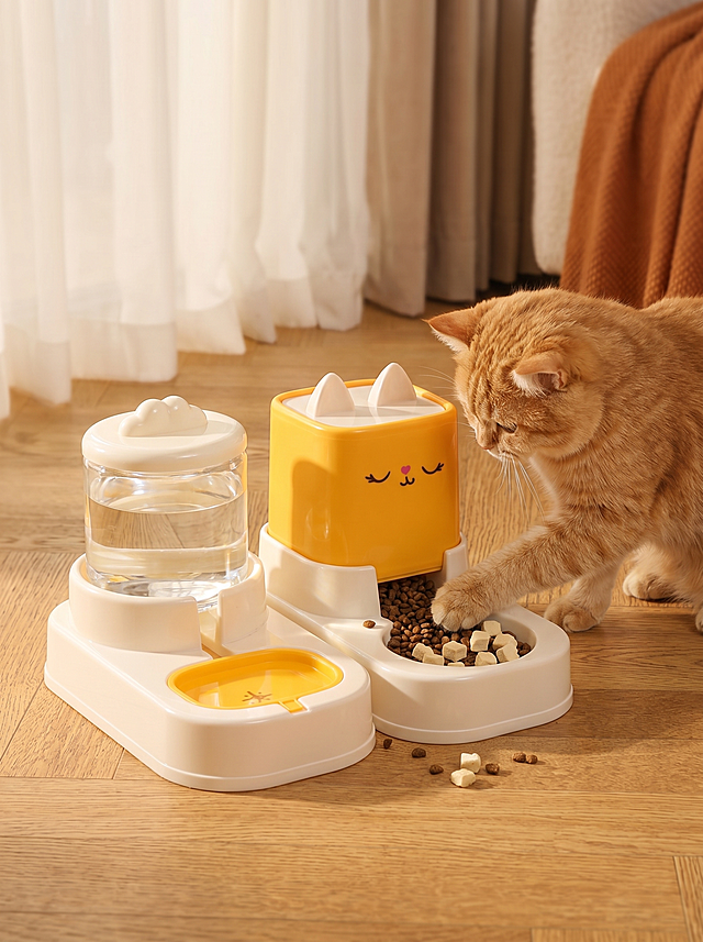 去除图片中原有的所有文字，保持猫碗饮水喂食器产品的外观和物理结构不变，黄白配色的自动饮水喂食双碗，替换背景为温馨原木风的居家地面，添加一只橘色猫咪正在用爪子推动喂食器产品，柔和暖调漫射自然光，商业静物摄影，画面干净治愈，4K超清，保持原图3:4比例不变。

负向词：文字，水印，变形，扭曲，穿模，结构错位，多余产品，硬光，杂乱背景