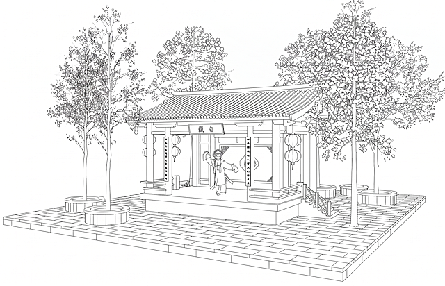 将场景改成SketchUp草图大师的极简线稿建模风格，只用简洁线条勾勒结构轮廓，去除多余色彩和纹理细节，重点展示戏台、树木、广场的空间布局与景观搭配，是景观设计初期方案预览效果