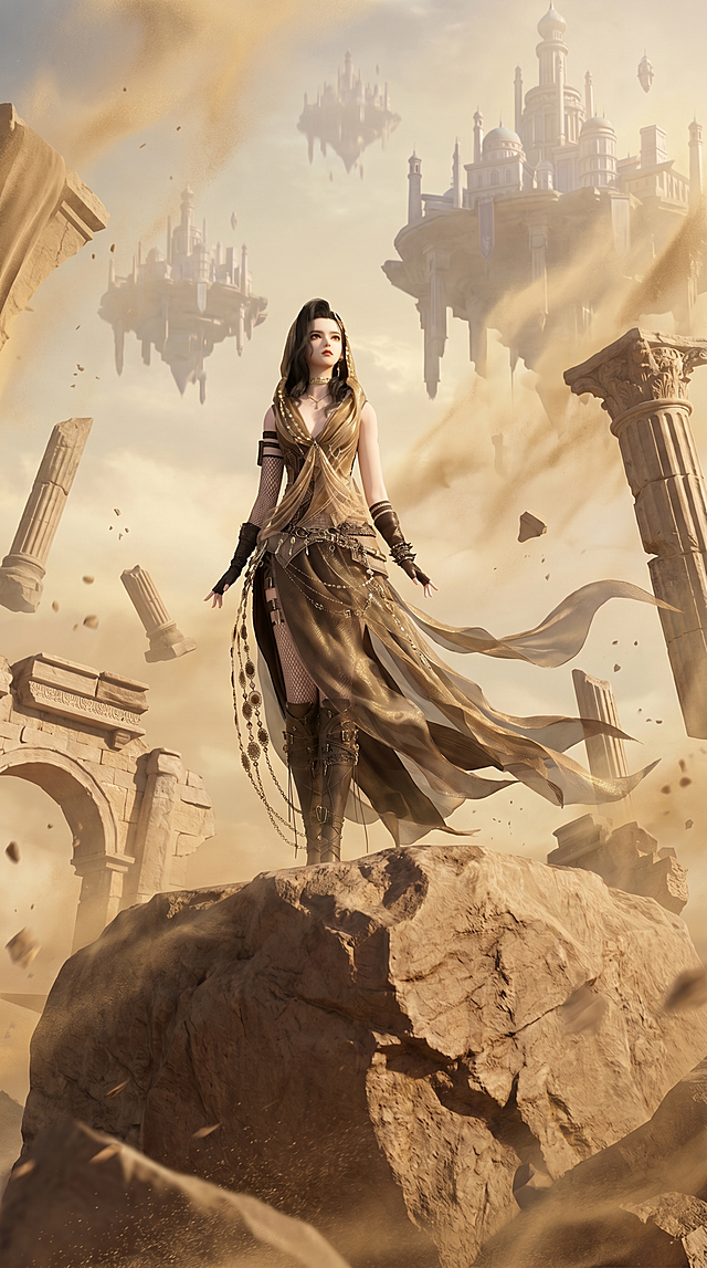 保留参考图中人物外观形象样貌细节，人物位于画面中间，站在一块漂浮空中的沙漠废墟巨石上，衣服飘逸，望着上方，巨石占满图片画面下部分，周围漂浮着破损的建筑废墟，天空背景上漂浮着虚幻的建筑，画面带点沙子特效，空间感，近实远虚画面，第三人称视角，3D 动漫，真实渲染，电影光