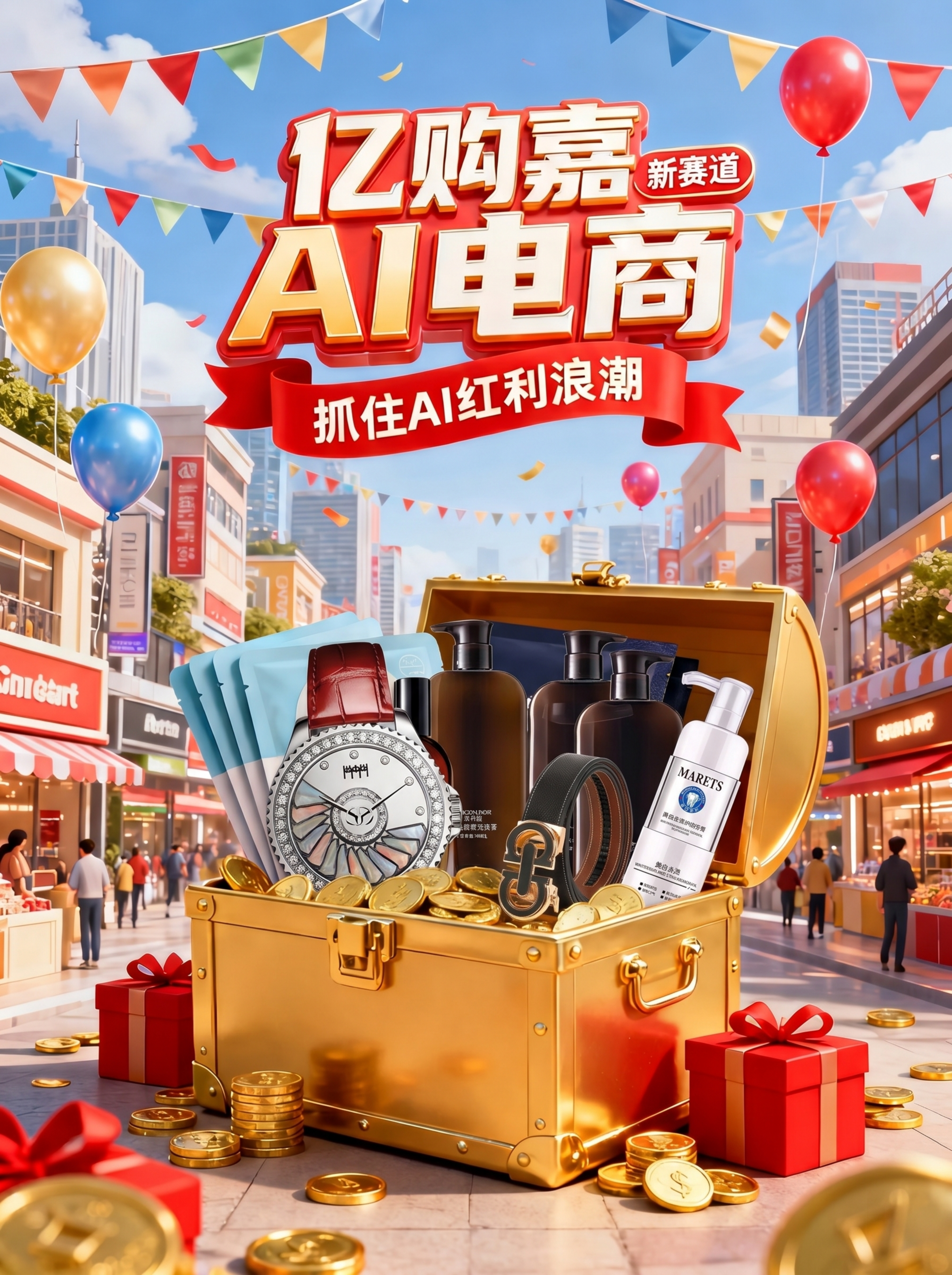 保留原图整体构图、文字标题和城市街道气球金币背景，将金色宝箱内… - 图片创意预览