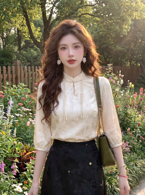 将图1的米白色提花新中式立领中袖上衣+黑色提花半裙，保留整套衣服所有提花纹理和版型细节，替换到图2中人物身上，更换上衣和下衣，保留图2的人物、发型、五官、配饰、背景花园环境，全部保持不变，8K高清预览效果