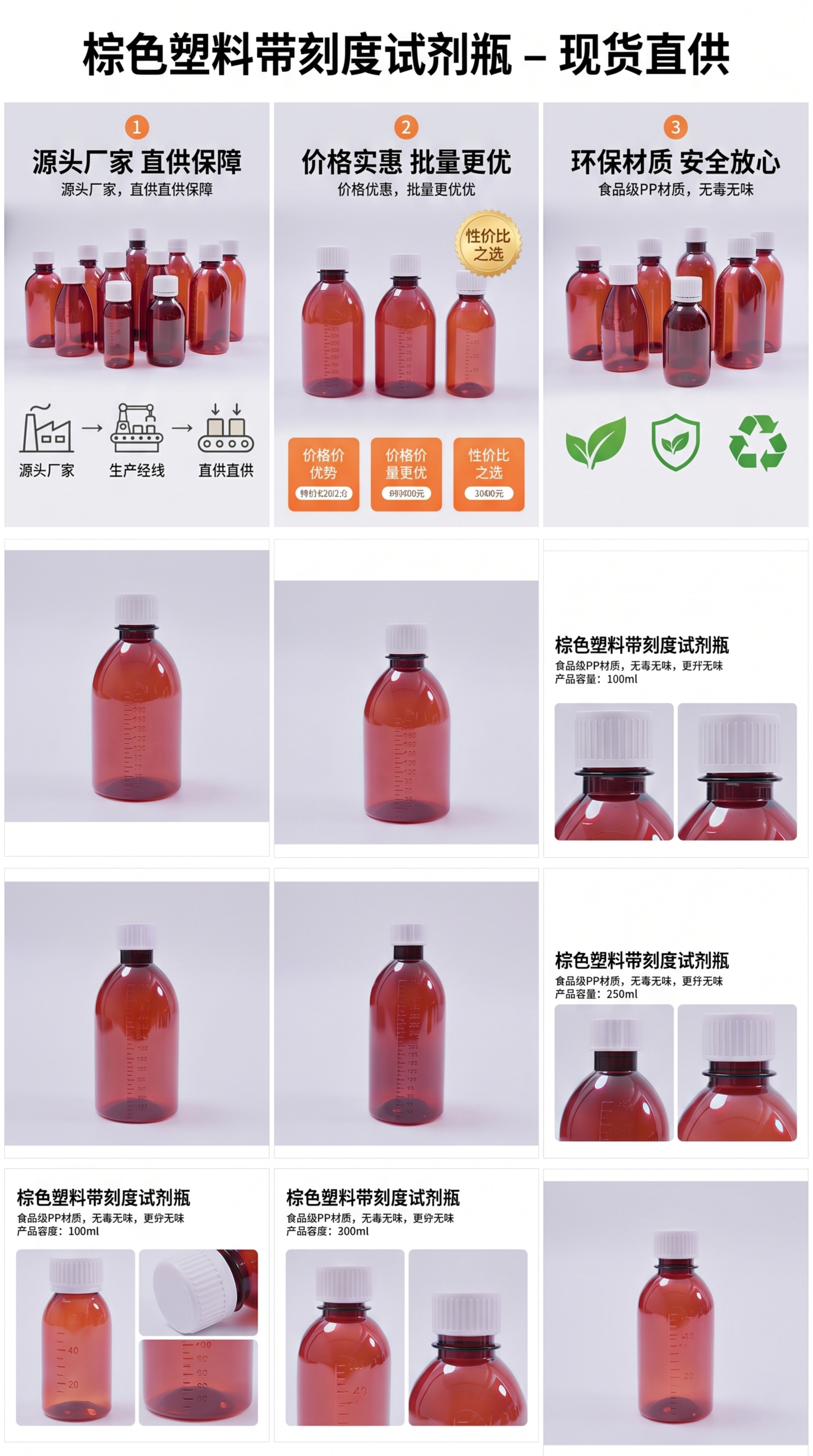 根据提供的8张棕色塑料带刻度试剂瓶产品精修图，制作淘宝商品详情… - 图片创意预览