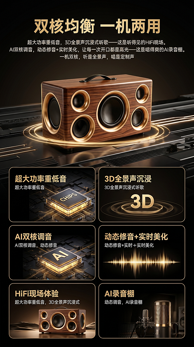 参考图一长图详情页的排版和设计风格，为图二的木质复古音箱设计电商详情页，整体采用深色高级黑金配色风格。详情页主要内容：首屏大标题"双核均衡 一机两用"，卖点文字："超大功率重低音，3D全景声沉浸式听歌——这是听得见的HiFi现场。AI双核调音，动态修音+实时美化，让每一次开口都是高光——这是唱得爽的AI录音棚。一机双核，听是全景声，唱是定制声"，突出展示产品主体，分模块展示功能卖点。整体版式参考图一，深色背景，现代科技质感设计，产品是木质复古便携式蓝牙K歌音箱。