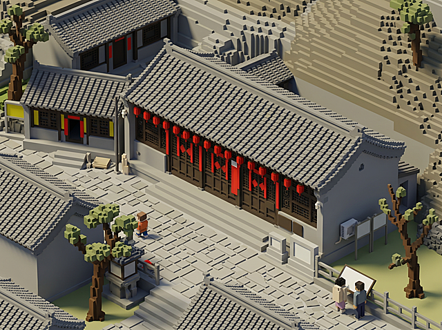 将这张古村建筑照片转换为2.5D体素艺术风格，正交等距轴测投影，无透视平行投影，水平旋转45度，垂直俯视30度，中国古代村落，灰色瓦片屋顶，依山而建，石墙结构，低多边形风格，Blender 3D渲染，清晰几何边缘，无近大远小，微缩模型感，柔和全局光照，高细节