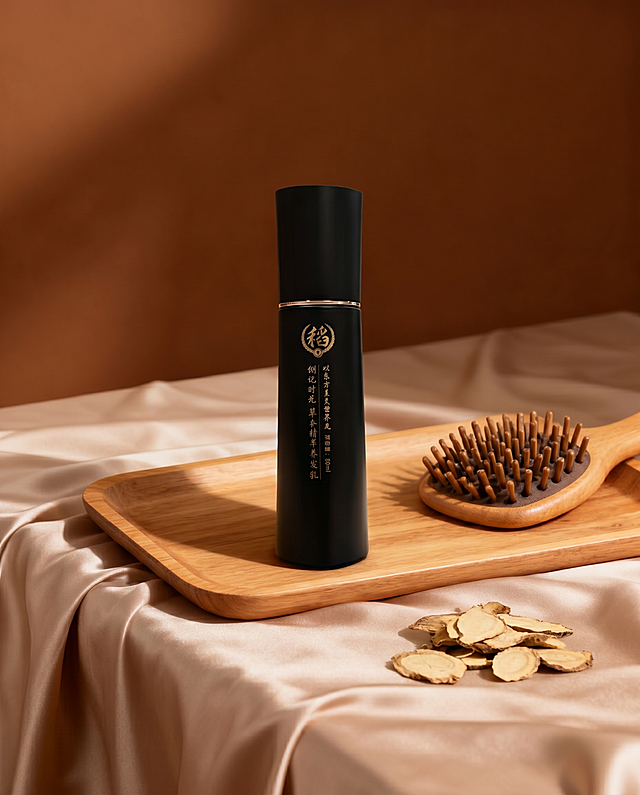 将原图木托盘中央的棕色按压泵瓶子原位替换为图2(参考图)中的黑色长圆柱形带金色文字和logo的养发乳瓶子。
用图2中物体的真实物理结构完全覆盖该区域，打破原图旧物的轮廓束缚，保持原产品(图2)的真实比例，严禁挤压或变形。新产品需完美继承原图中旧物的摆放角度、镜头高度与透视消失点关系，继承旧物的底部接触点，严禁漂浮或位置偏移，使其与背景空间完美融合。仅替换该物体，保持原图其他环境布局绝对不变。
重置该区域光影，赋予自然接触阴影，完美消除新产品边缘白边，画面自然真实，严格锁定宽高比为 4:5，4K分辨率。