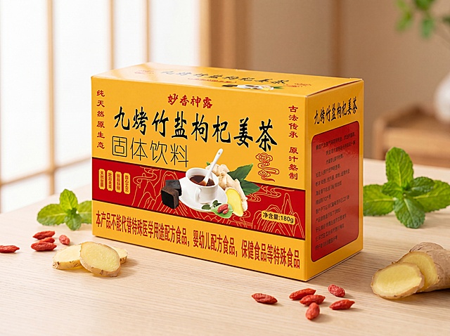 九烤竹盐枸杞姜茶包装盒，黄红色包装，保持物理结构绝对不变，严禁包装扭曲。
主体占画面70%，平稳放置在原木桌面上，有清晰接触阴影。
浅米色原木桌面，暖调日式背景，搭配新鲜生姜片和枸杞作为原材料点缀，拉开景深。
柔和漫射窗光从左侧打入，低对比度，阴影极淡，画面明亮干净，展现包装表面清晰光泽。
暖调午后氛围，背景虚化处点缀翠绿薄荷叶，营造温馨治愈的健康茶饮氛围感。
商业高端美食摄影，4K分辨率，极高材质细节，极具食欲，国内电商种草风格。保持比例为4:3。
负向提示词：接口错位,包装变形,穿模,重叠,生锈,老旧破损,Logo融化,食物腐烂,液体干瘪,廉价塑料感,摄影灯,水印,文字,昏暗,悬空,比例失调,有毒物质,杂乱桌面,多余同类食品饮料,死黑阴影,硬光,高对比度