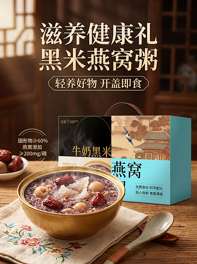 黑米燕窝粥产品海报，展示产品礼盒和盛出的黑米燕窝粥实物，营造软糯诱人的食欲感。主标题文字："滋养健康礼 黑米燕窝粥"，副标题文字："轻养好物 开盖即食"，卖点文字："固形物≥60% 燕窝添加 ≥200mg/碗"，画面整体色调温馨融洽，美食摄影风格，光影柔和自然，构图突出产品，商业海报设计