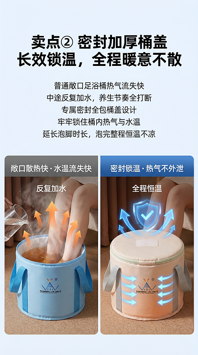 电商详情页，9:16尺寸，顶部大标题"卖点② 密封加厚桶盖 长效锁温，全程暖意不散"，正文文案"普通敞口足浴桶热气流失快 中途反复加水，养生节奏全打断 专属密封全包桶盖设计 牢牢锁住桶内热气与水温 延长泡脚时长，泡完整程恒温不凉"，下半屏是全屏左右分栏对比图，左栏：普通便携足浴桶，配文字标注"敞口散热快・水温流失快"，加上热气飘散示意图；右栏：本款折叠泡脚桶，配文字标注"密封锁温・热气不外泄"，加上热气封锁示意图，对比清晰，整体干净专业，电商设计风格