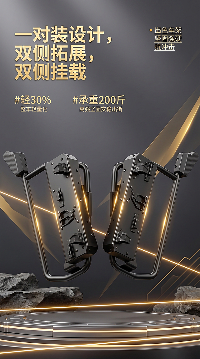 一对摩托车快拆行李架整体展示图，展示两个产品，深灰渐变背景，金色光线装饰，风格参考提供的自行车详情页，高品质工业风，9:16竖版，对称构图，文字:"一对装设计，双侧拓展，双侧挂载"，整体版式和参考图一致