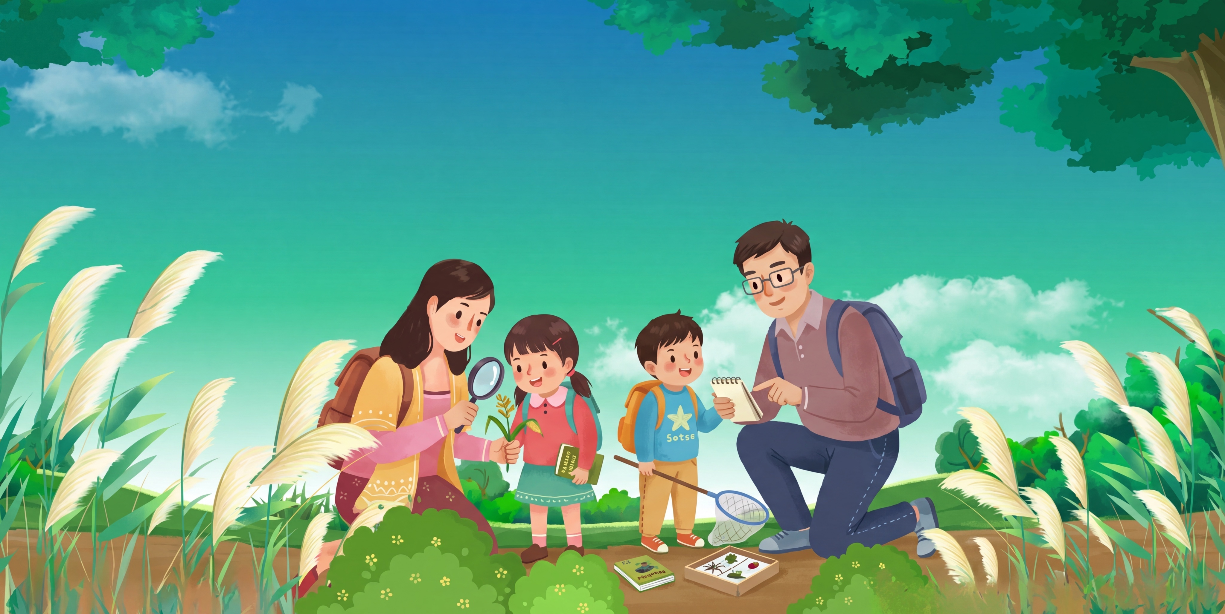 参照参考图构图和风格，将读书场景修改为一家人带着孩子的户外研学… - 图片创意预览