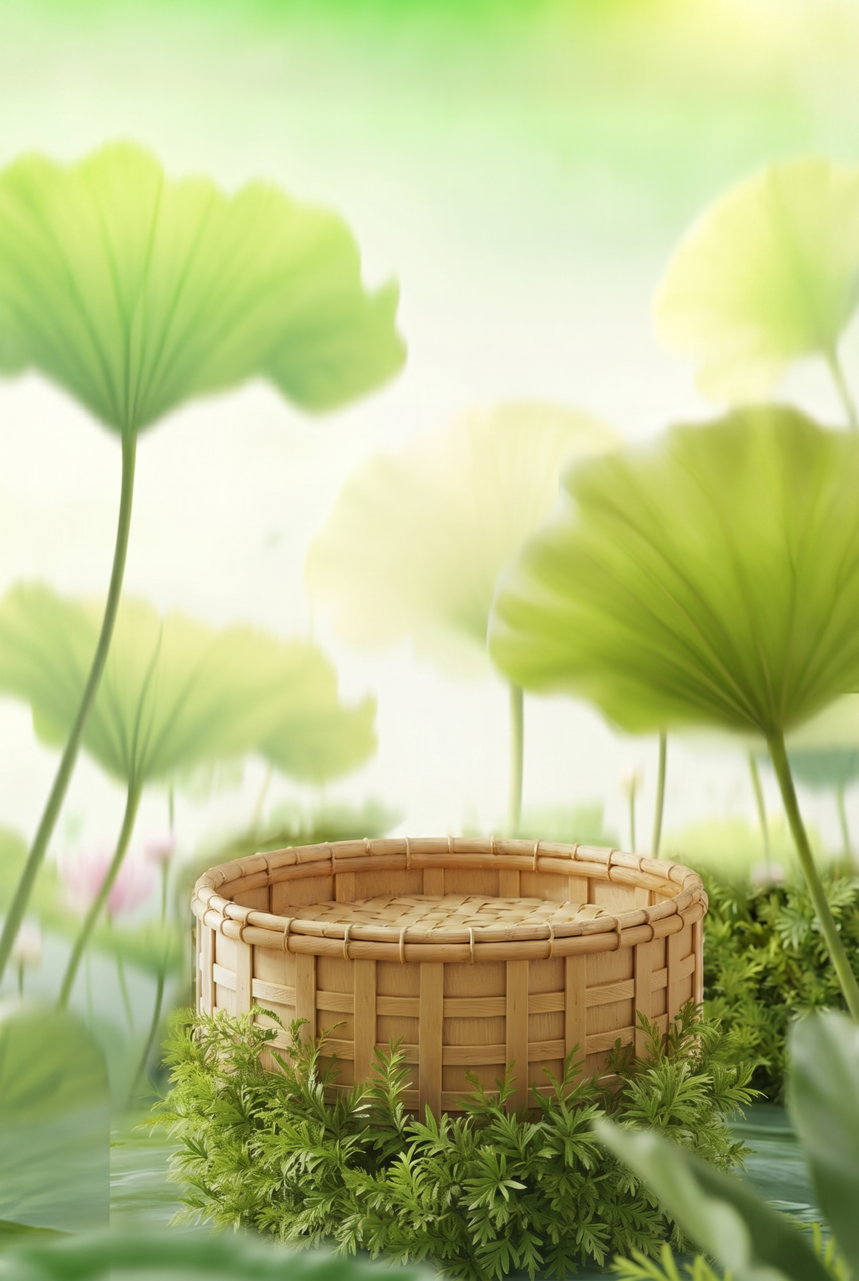 去掉图片下方竹篮里的三个粽子，保留原背景和竹篮、周围的绿植荷叶… - 图片创意预览