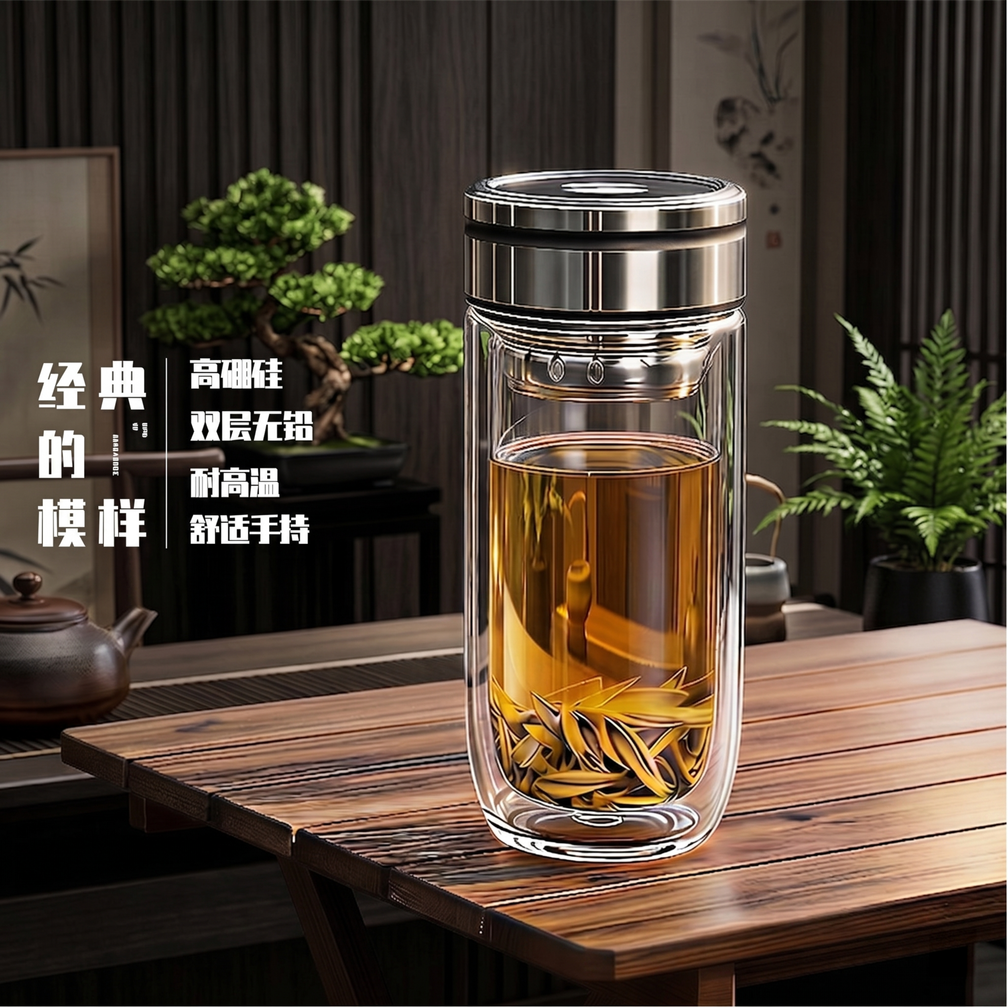将图1的玻璃杯（含金属盖、茶水、茶叶、通透杯身）完整移植到图2… - 图片创意预览