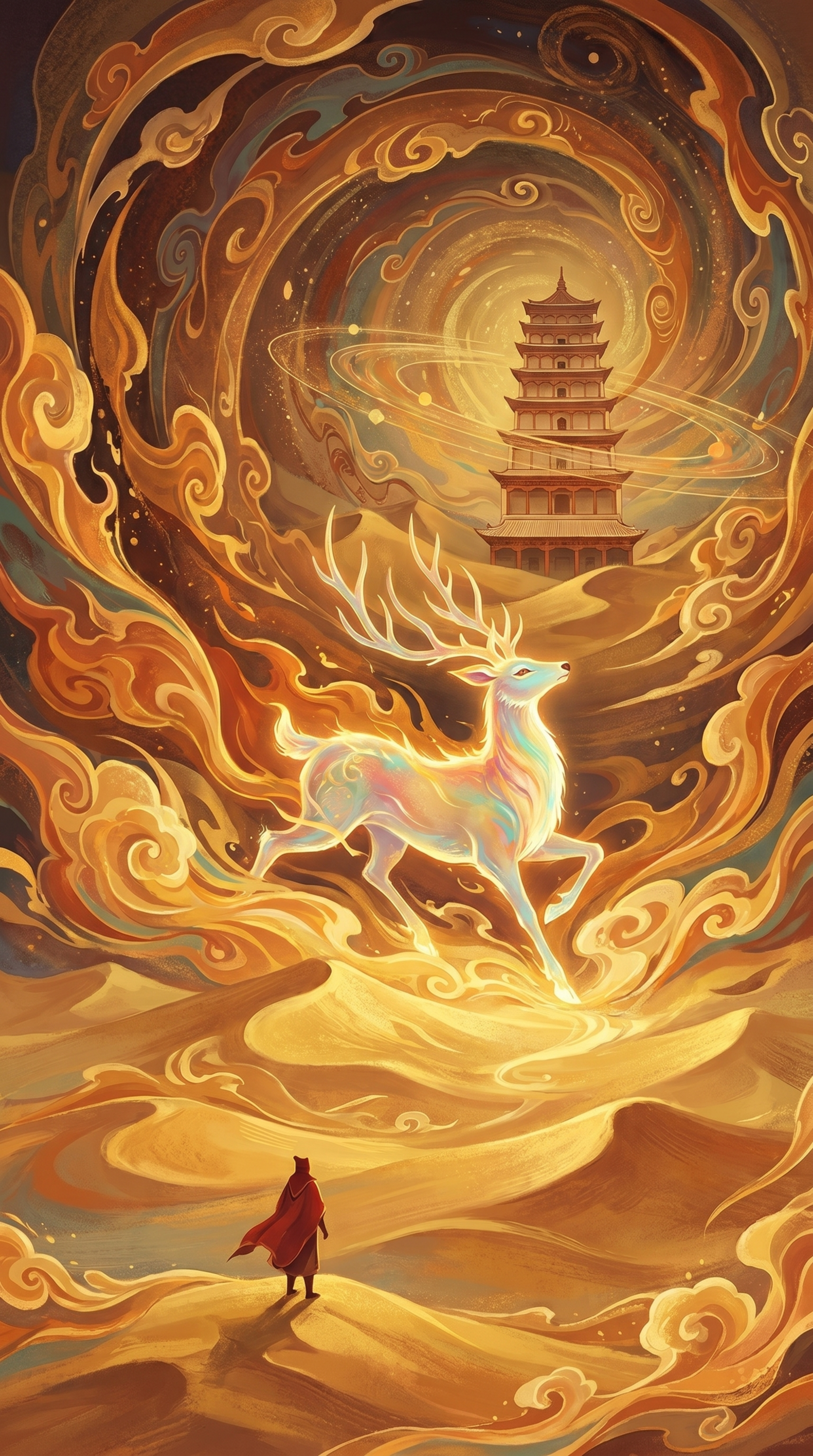 重新生成，保留参考图的国潮插画风格，流动卷曲祥云纹理，赭石橙金… - 图片创意预览