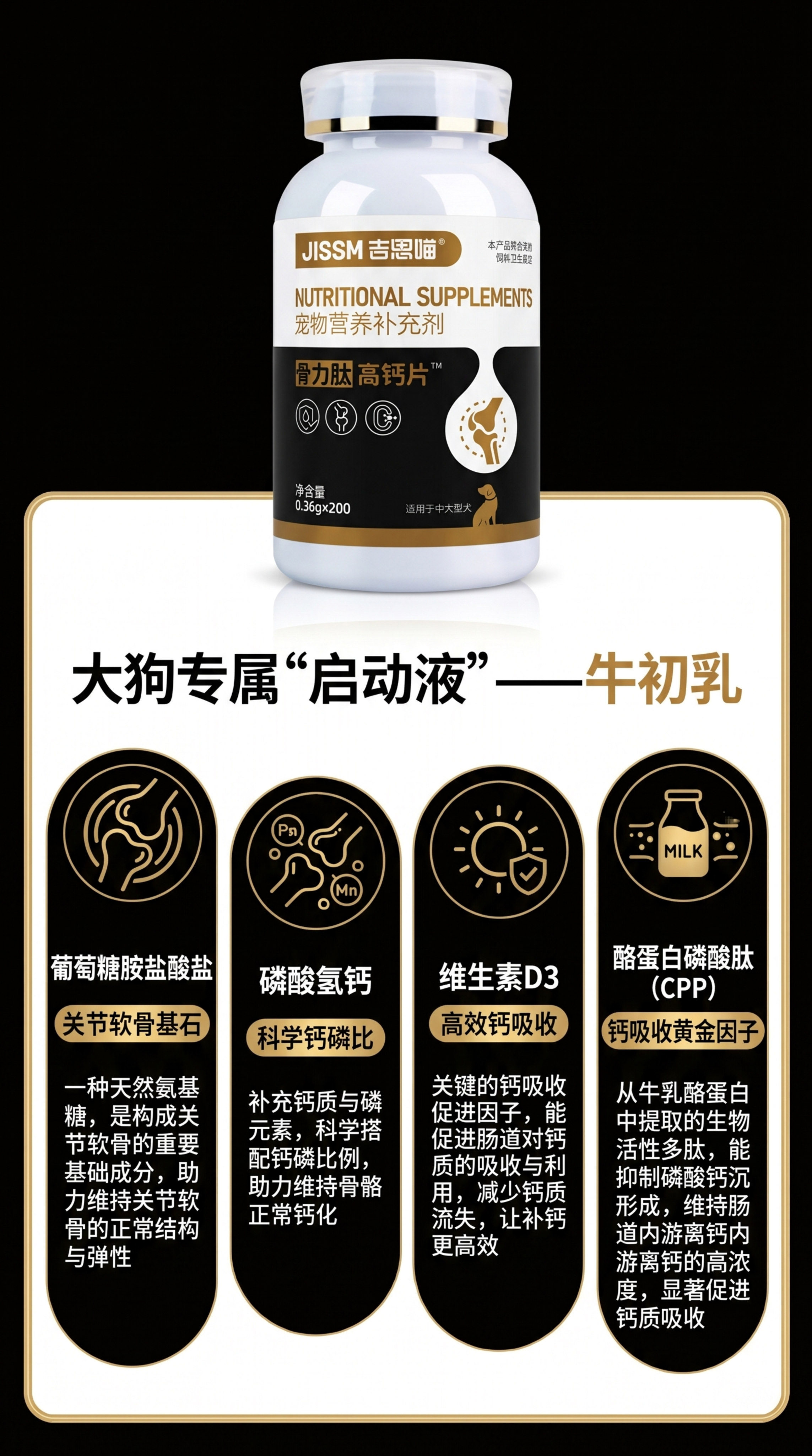 基于提供的图片，制作宠物高钙片电商详情图，突出产品成分。产品为… - 图片创意预览